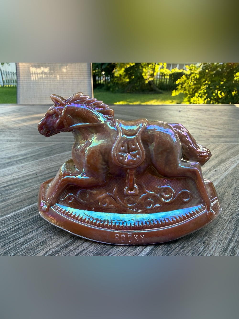 Vintage 1982 Guernsey Glass Rocky” Rocking Horse Chocolate Carnival Slag